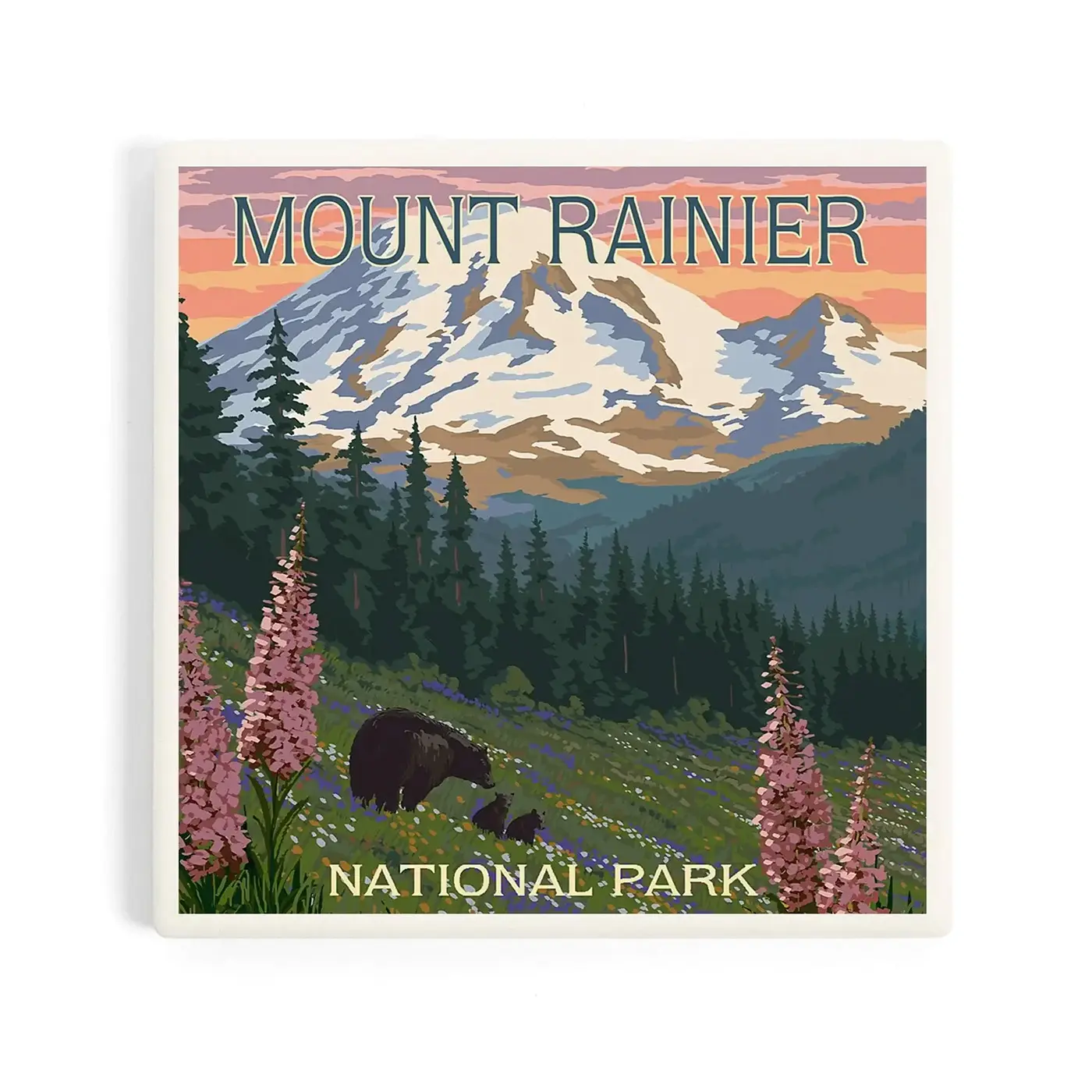 Lantern Press Mt. Rainier Bear & Spring Flowers Coaster