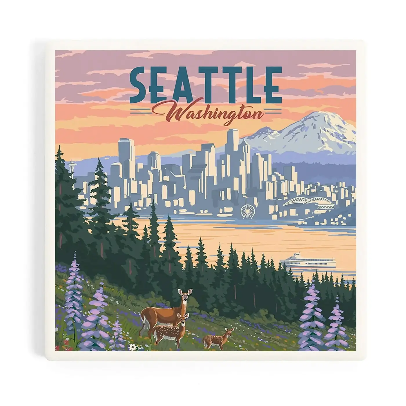 Lantern Press Seattle Deer & Spring Flowers Coaster