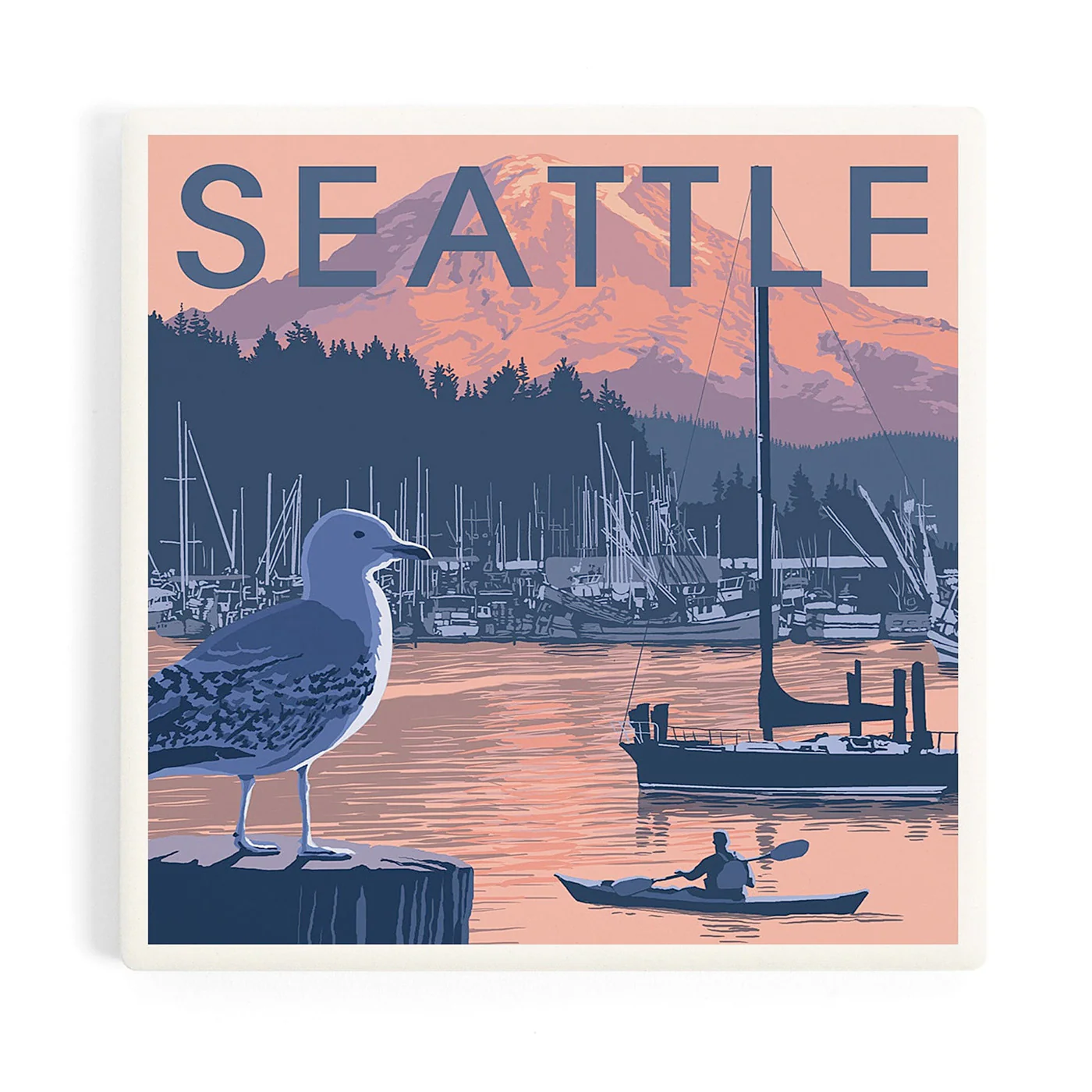 Lantern Press Seattle Marina and Rainier at Sunset Coaster
