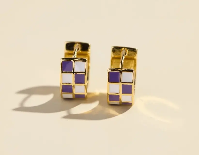 Nickel & Suede Purple White Checkered Huggies Earrings